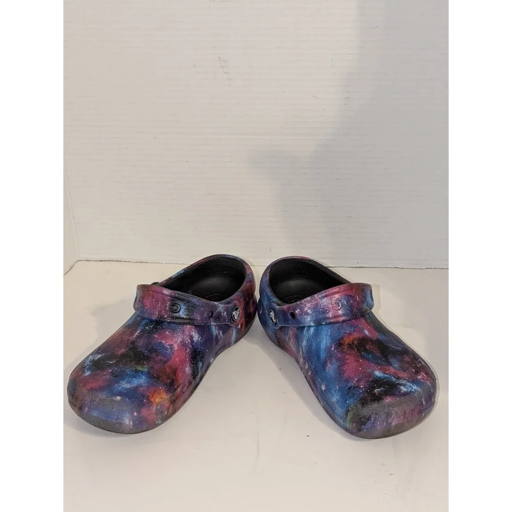 Crocs Bistro Graphic Work Clog Mens 12 Slip Resistant Shoes Black Galaxy Slip On